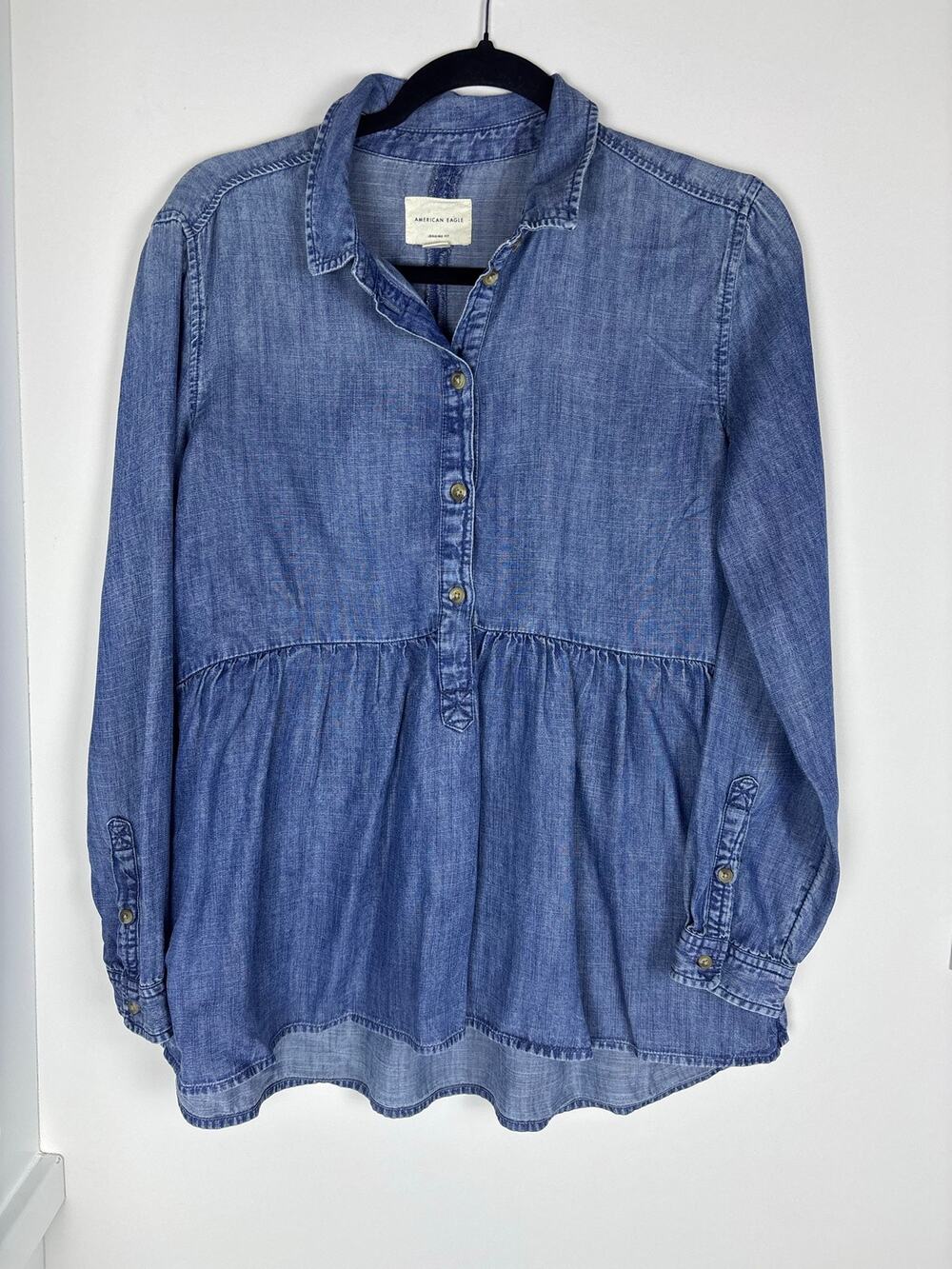 American Eagle Jegging Fit S Chambray Babydoll Peplum Tunic Shirt Blue Lyocell